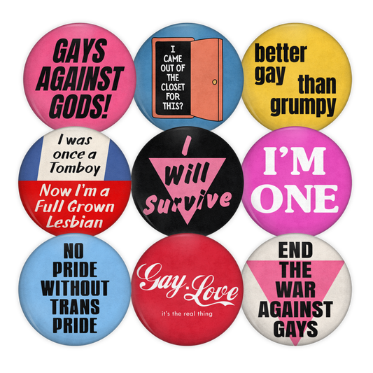 vintage inspired queer pinback buttons