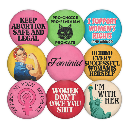 feminist vintage inspired pinback buttons