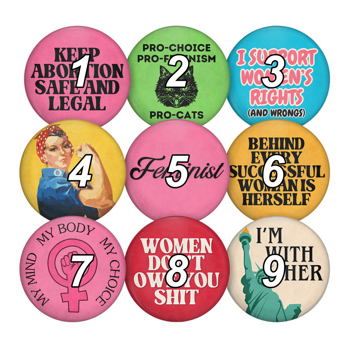 feminist vintage inspired pinback buttons