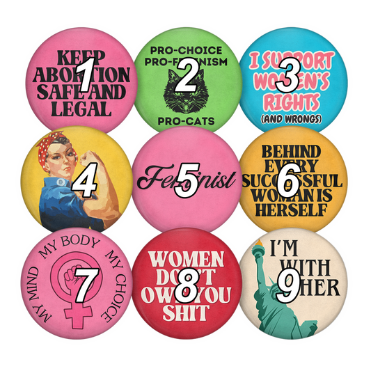feminist vintage inspired pinback buttons
